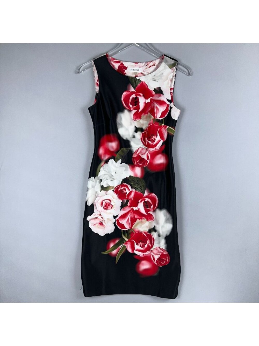 Calvin Klein Dress Size 2 Sheath Floral Print Sleeveless Black/Red/White